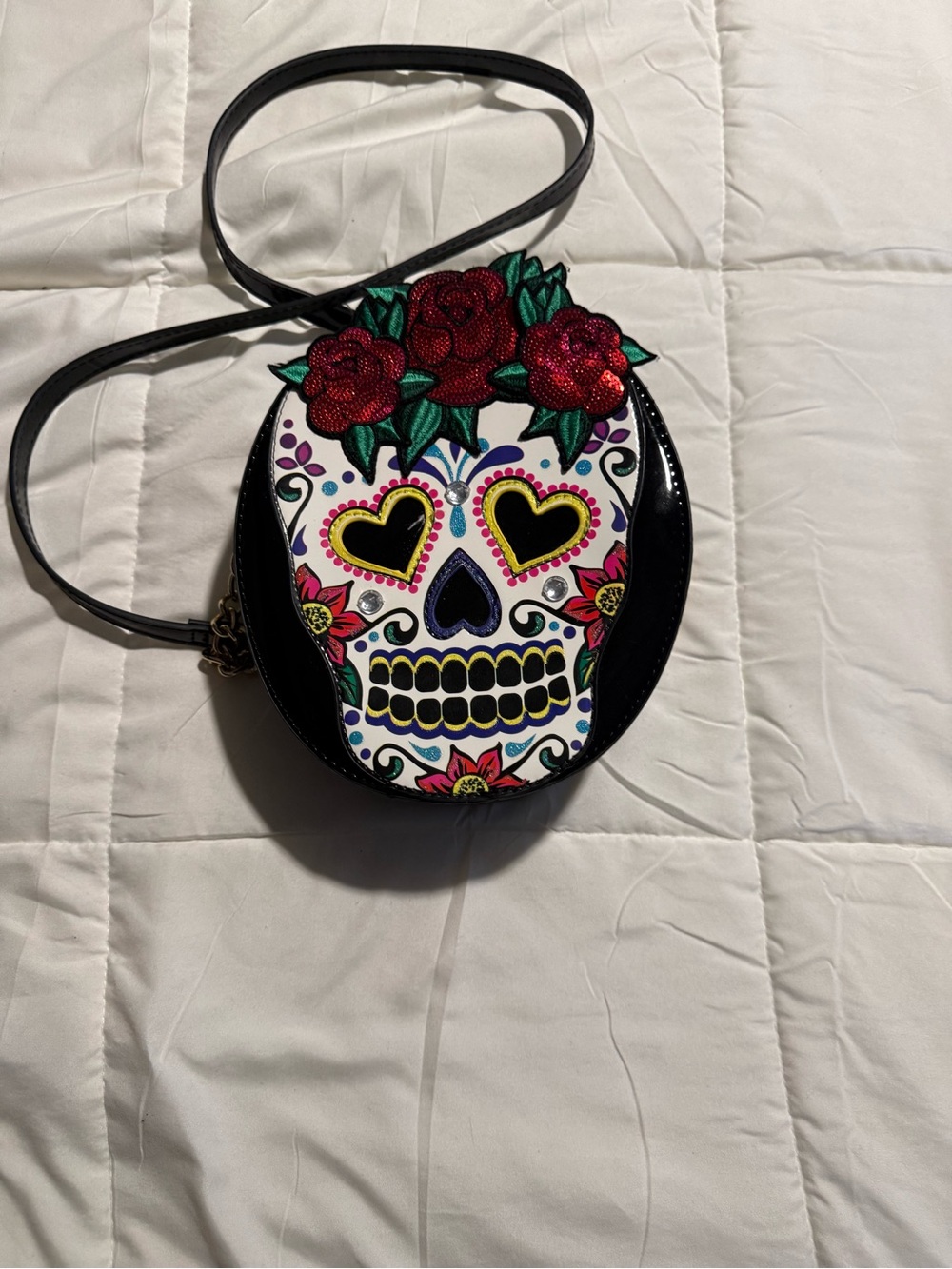Betsey Johnson Black & White Sugar Skull Crossbody with Red Rose Accents